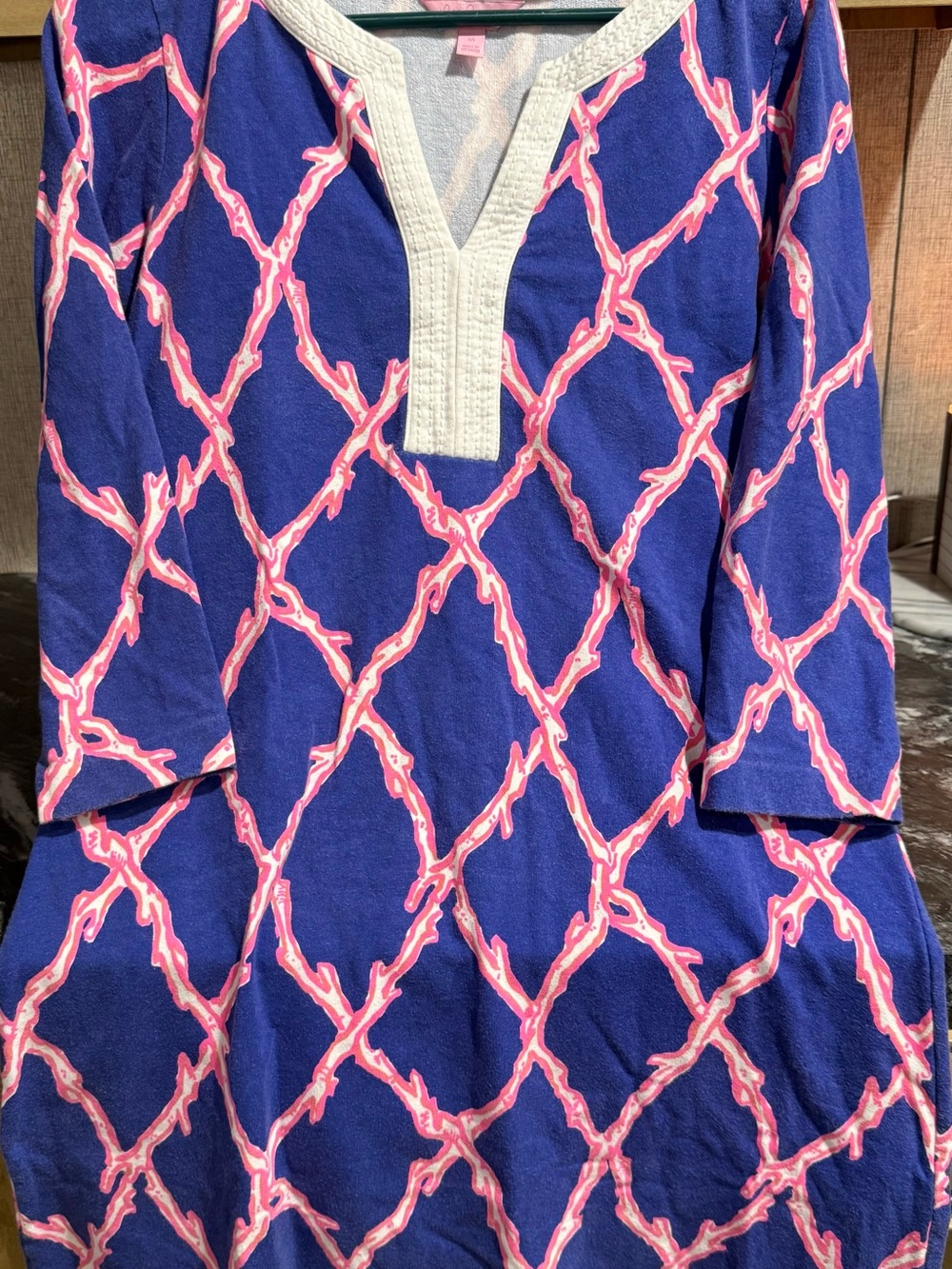 Lilly Pulitzer Navy Blue Midi Dress with Pink Lattice Print and white Trim